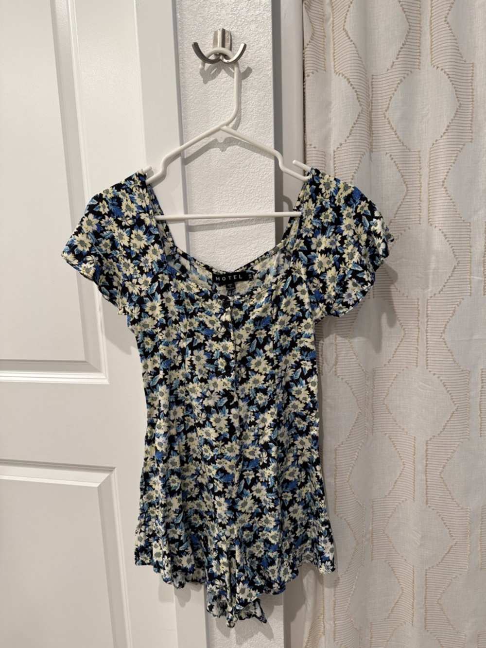 Motel Rocks Black Floral Romper with Blue and Cream Flowers
